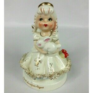 Vintage TMJ Easter April Birthday Sweetpea Angel Figurine Bunny Spaghetti Trim